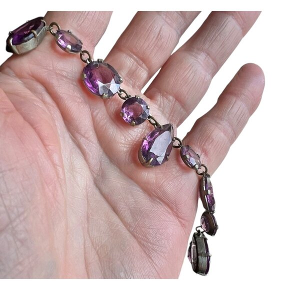 Amethyst Colored Rivière Necklace With Teardrop Accents 15” Glass Crystal - Picture 12 of 12
